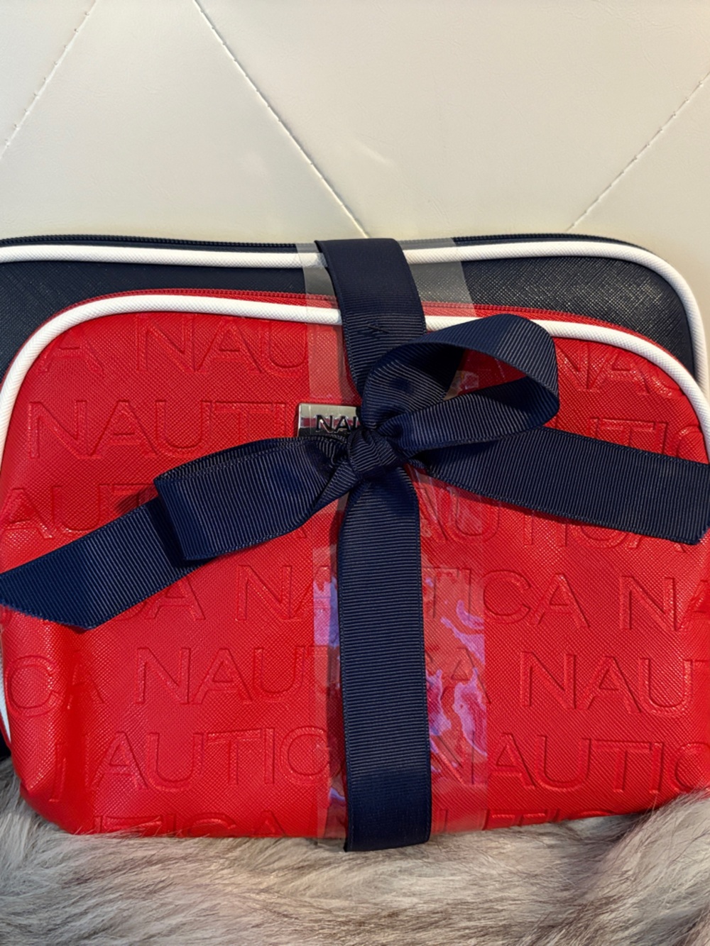 Nautica Red & Navy Embossed Zip Cosmetic Pouch Set